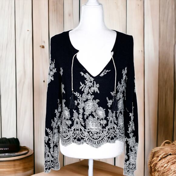Misa Los Angeles Tops - Misa Los Angeles Zanna Embroidered Top Tassel Black White Small